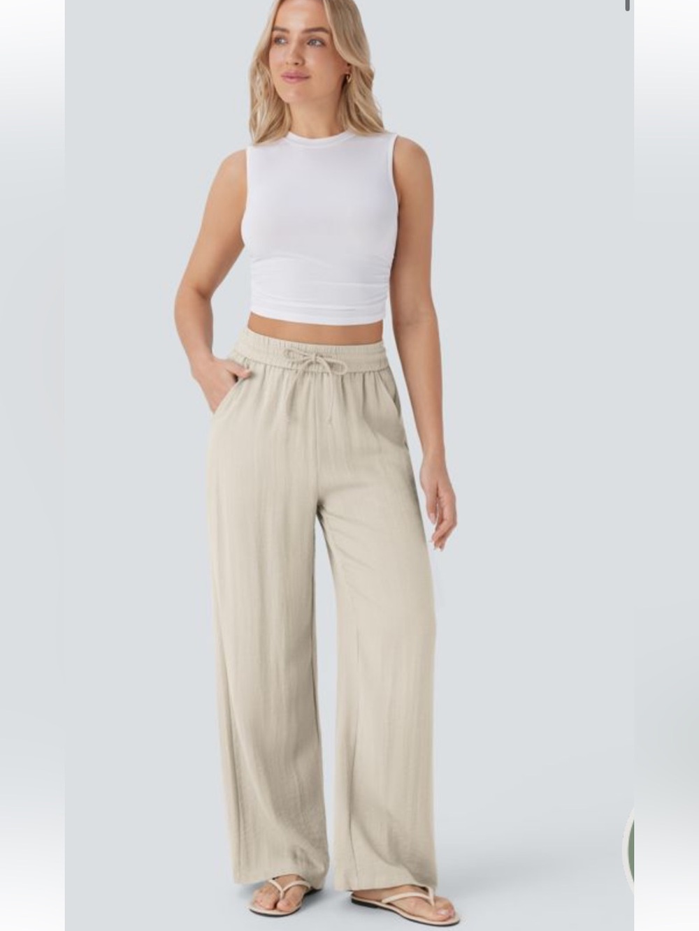 Halara Drawstring Pocket Wide Leg Baggy Casual Linen-Feel Pants Whisper White L
